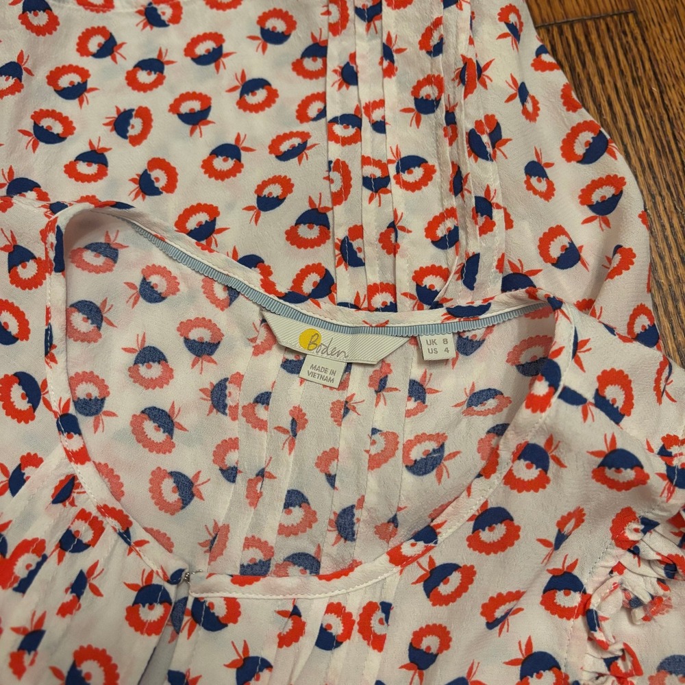 Boden Womens Red Blue Floral Pintuck Ruffle Sleeveless Blouse Top Twee US 4 - Picture 3 of 6